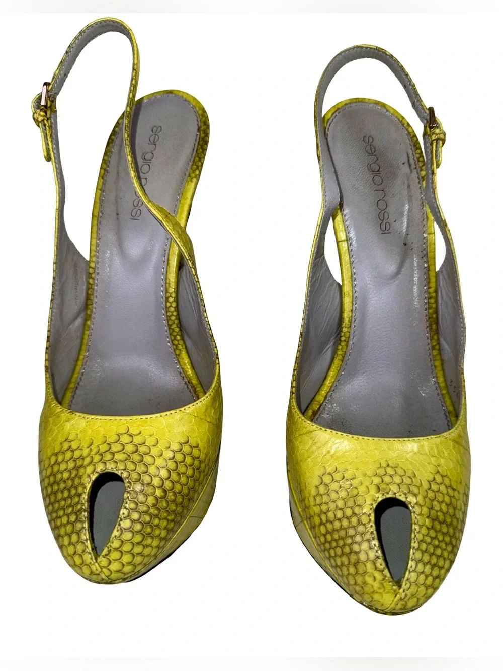 SERGIO ROSSI YELLOW SNAKE SLINGBACK PLATFORM HEELS